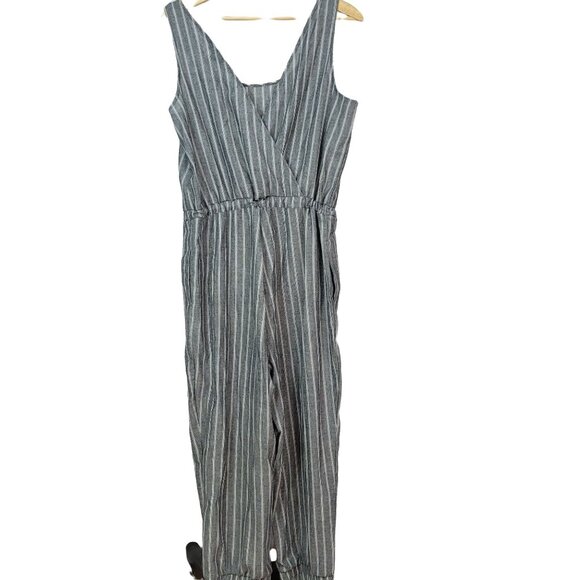 Drew Pinstripe Jumpsuit Gray Large Sleeveless Scoop Drawstring Pockets Jogger - Picture 6 of 10